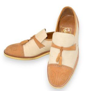 Giorgio Brutini Brown Tan Leather & Natural Beige Linen Canvas Tassel Loafers 8